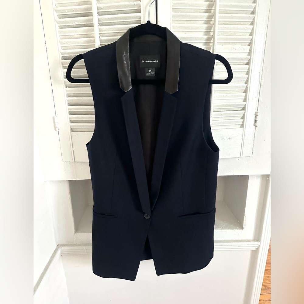 Club Monaco Navy Sleeveless Blazer Vest with Black Leather Collar